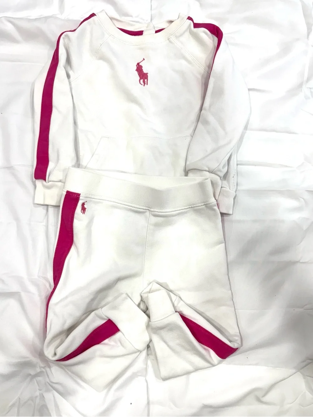 Ralph Lauren White Sweatshirt & Pink-Trim Jogger Set